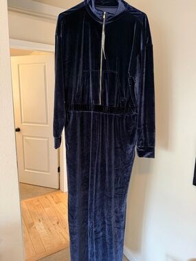Fabletics Velour Zip-Up Onesie in Deep Navy with Gold Zip